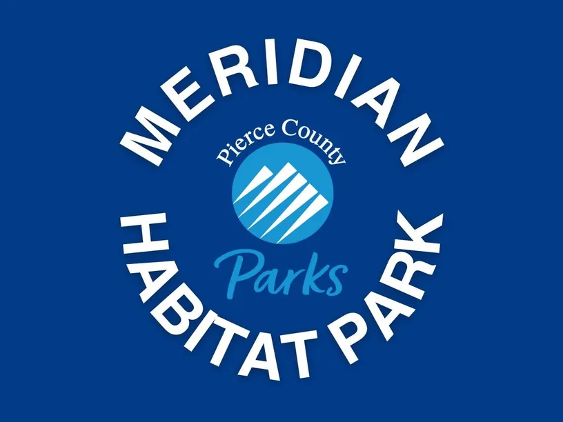 Meridian Habitat Park logo with the Pierce County Parks emblem on a blue background